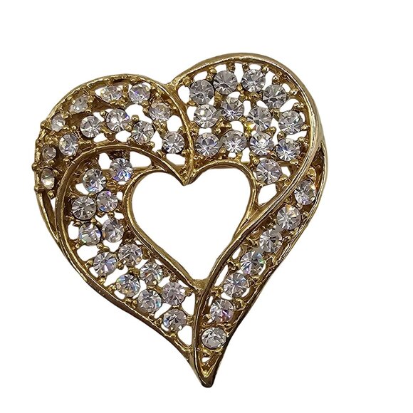 VTG Brooch Set 2PC Gold Tone Clear Rhinestone Rose Faux Pearl Heart Jewelry Pins - Picture 4 of 10